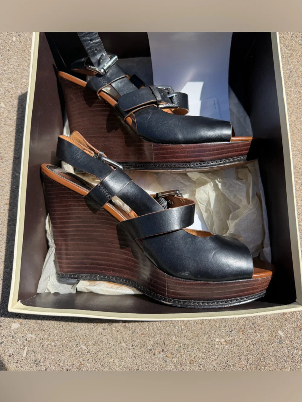 Coach Black Leather Open-Toe Buckle Wedge Heel Sandals with Brown Insole - Picture 3 of 6